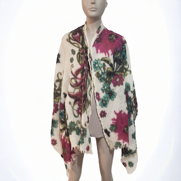 Hang N Hold Wool Crepe Floral Scarf Wrap 2 x68 Inch Raw Hem Colorful Lightweight - Picture 2 of 11